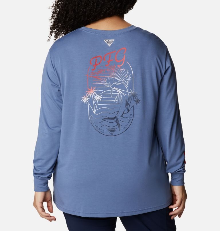 Women's Columbia PFG Slack Water Graphic Long Sleeve Sweatshirts Blue | Plus Size CA-F853C